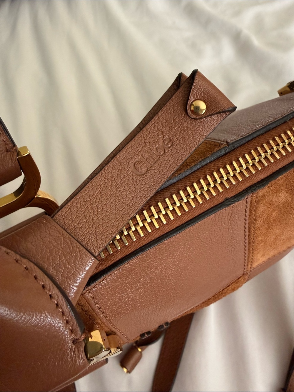 The Chloé Marcie Leather & Suede Patchwork Satchel in Dusty Tan NWT - Picture 13 of 17